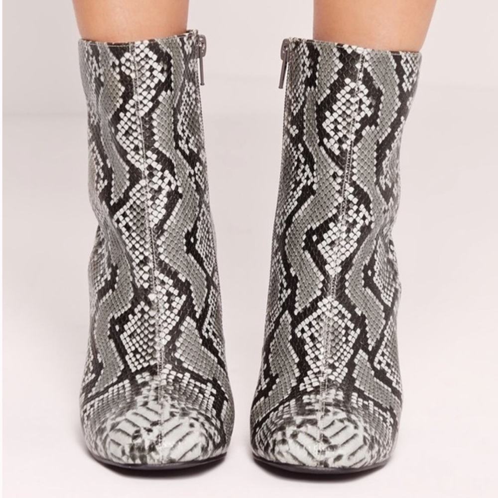 Misguided Snakeskin Block Heeled Booties